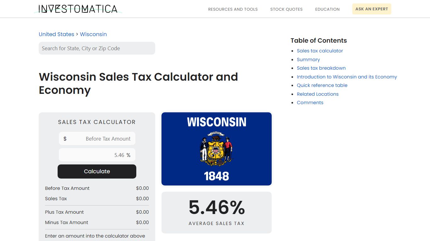 Wisconsin Sales Tax Calculator and Economy - Investomatica