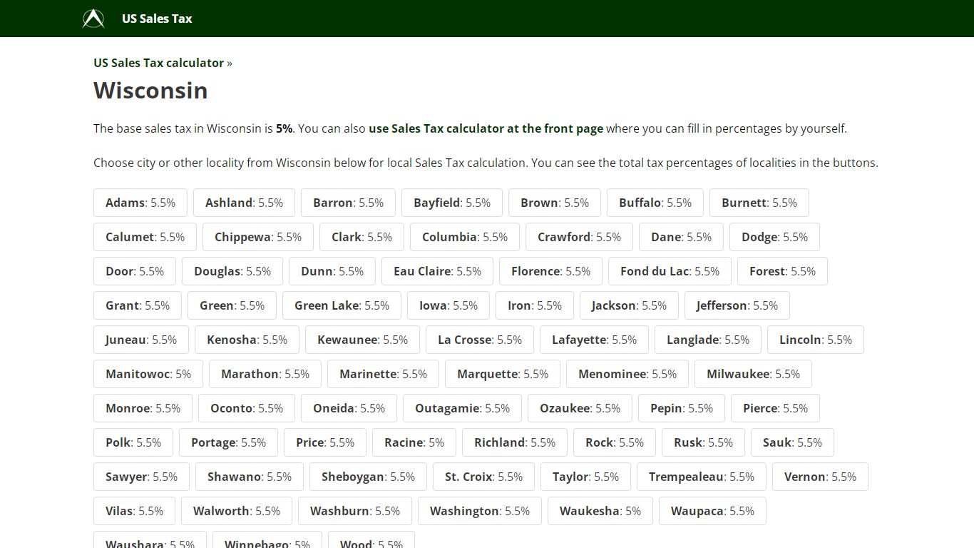 Wisconsin Sales Tax calculator, Wisconsin, US