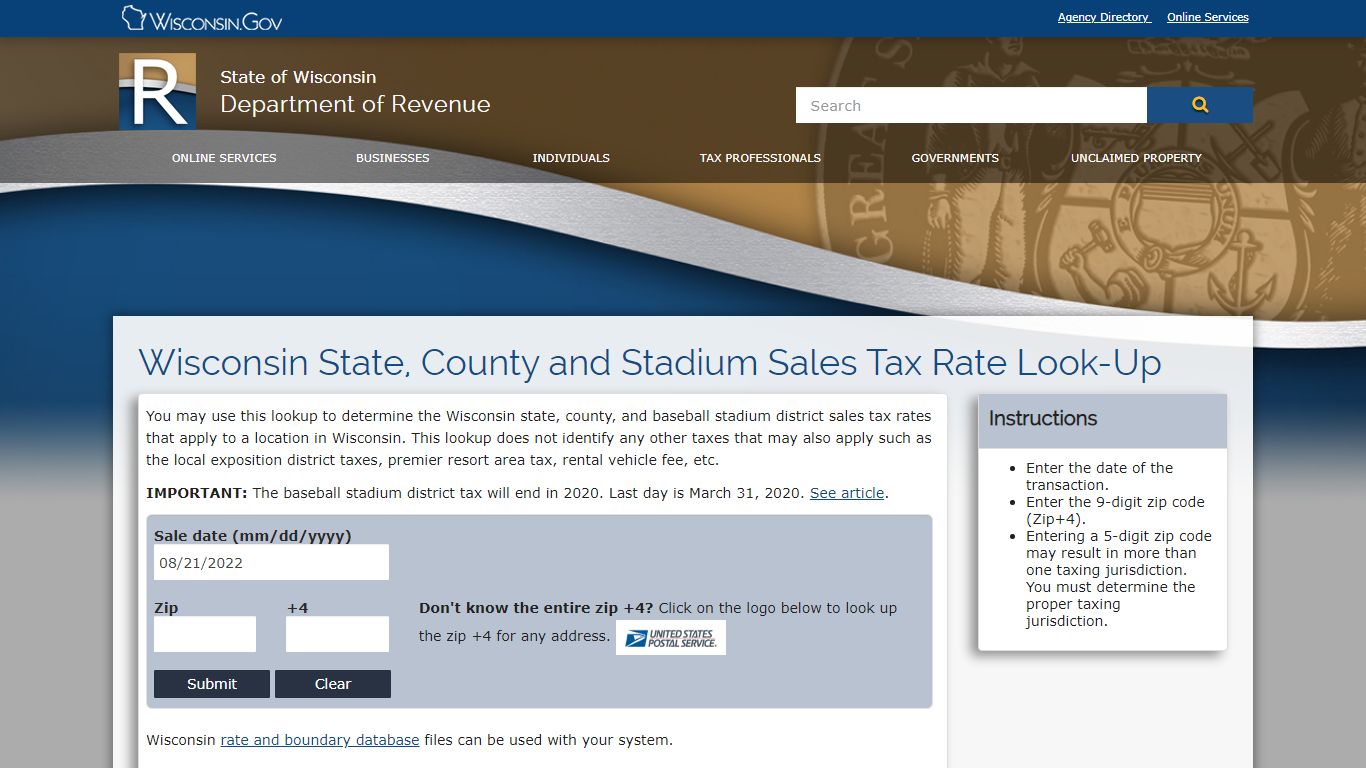 Wisconsin State, County and Stadium Sales Tax Rate Look-Up